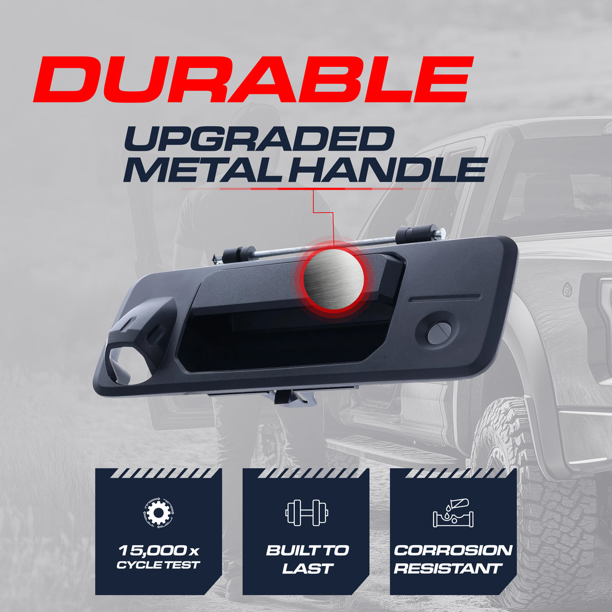 Tailgate Handle Upgraded Black Metal Replacement for Toyota Tacoma (2016-2023), Tundra (2014-2024) OE Part # 69090-0C091, 69090-0C090 | Tailgate Handle w/ Rear Camera Hole, w/ Keyhole