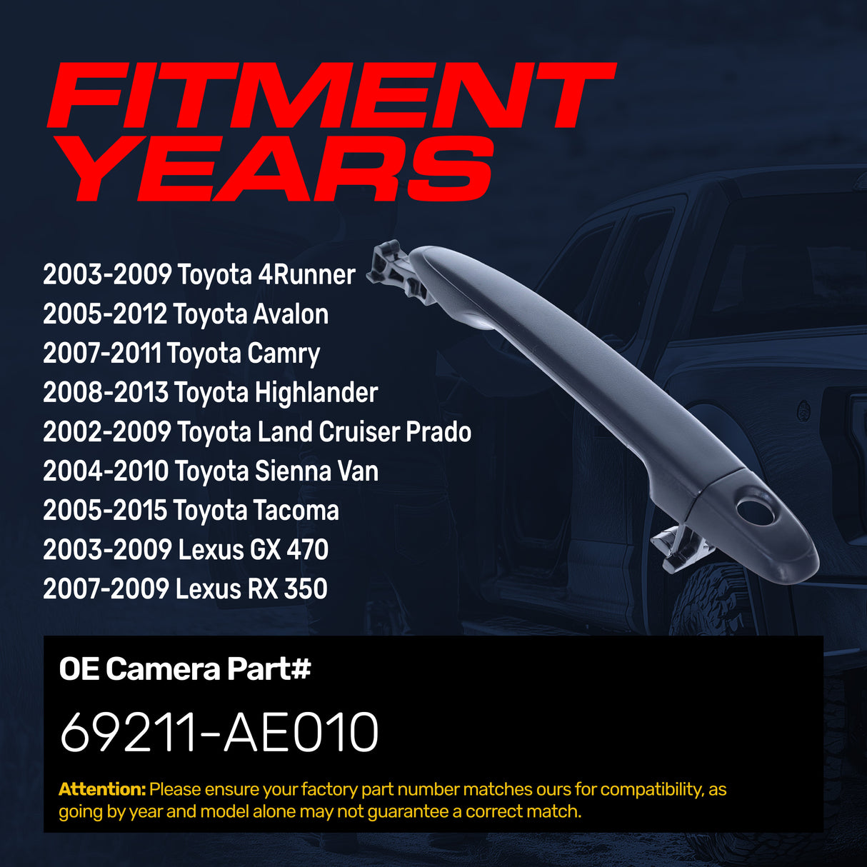Exterior Door Handle Upgraded Black Metal Replacement for Toyota 4Runner 03-09, Avalon 05-12, Camry 07-11, Tacoma 05-15 / Lexus GX 470 03-09, RX350 07-09 OE Part# 69211-AE010 | Front RH=LH w/ Keyhole