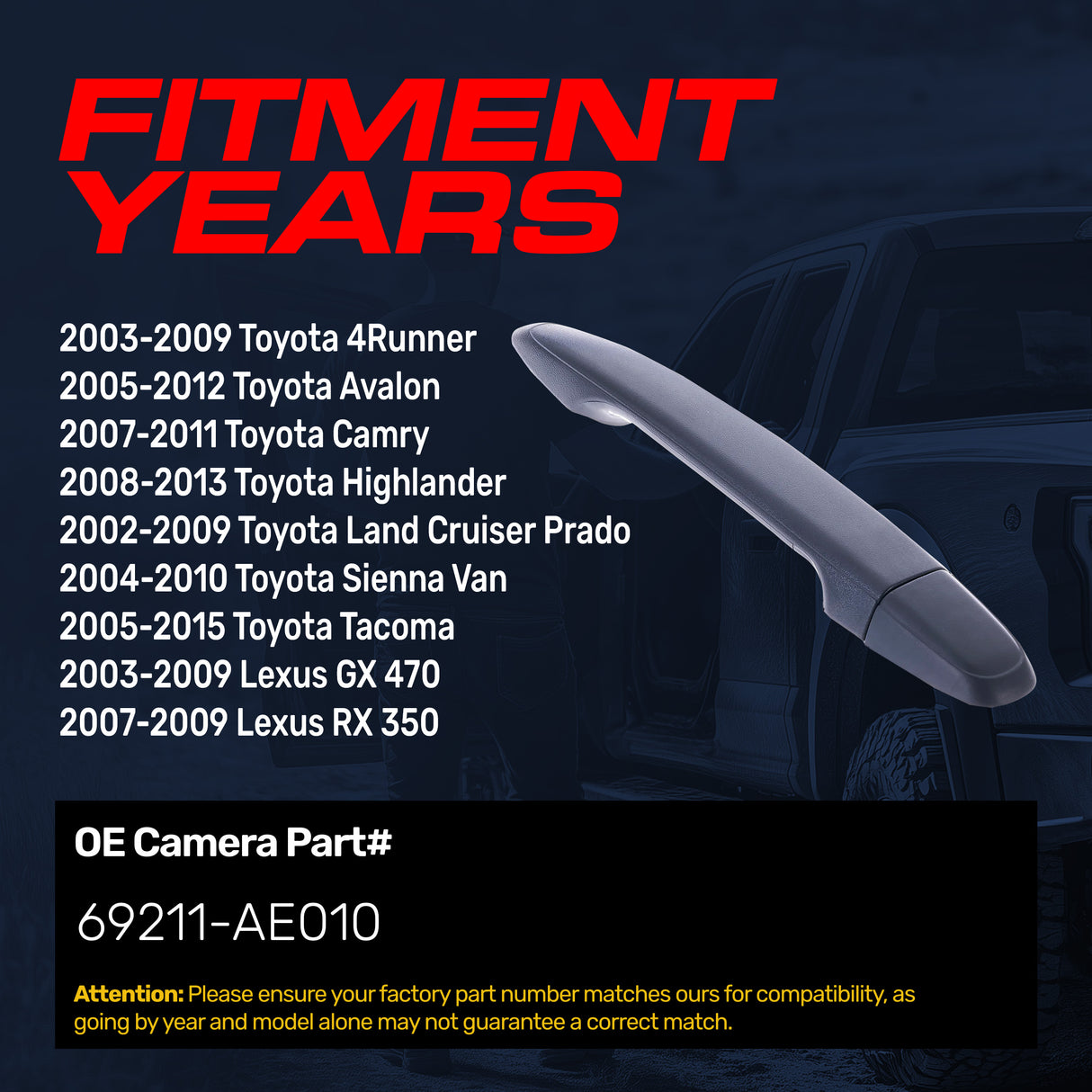 Exterior Door Handle Upgraded Black Metal Replacement for Toyota 4Runner 03-09, Avalon 05-12, Camry 07-11, Tacoma 05-15 / Lexus GX 470 03-09, RX350 07-09 OE Part# 69211-AE010 | Rear RH=LH w/o Keyhole