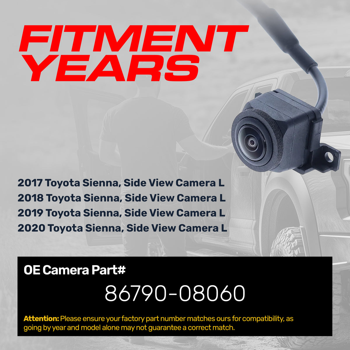 Toyota Sienna (2017-2020) OEM Replacement Left Side View Camera OE Part # 86790-08060