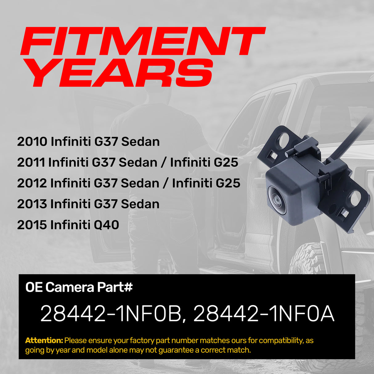 Infiniti G25 (2011-2012), G37 Sedan (2010-2013), Q40 (2015) OEM Replacement Backup Camera OE Part # 28442-1NF0B, 28442-1NF0A