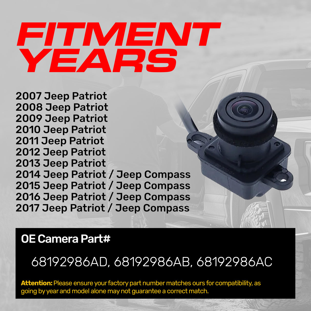 Jeep Patriot (2007-2017), Compass (2014-2017) OEM Replacement Backup Camera OE Part # 68192986AB, 68192986AC, 68192986AD