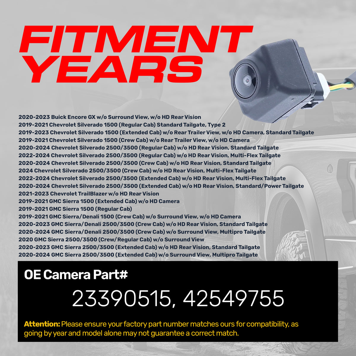 Buick Encore GX (2020-2023) / Chevrolet Silverado 1500/2500/3500 (2019-2024), TrailBlazer (2021-2023) / GMC Sierra 1500/2500/3500 (2019-2024) OEM Replacement Backup Camera OE Part# 23390515, 42549755