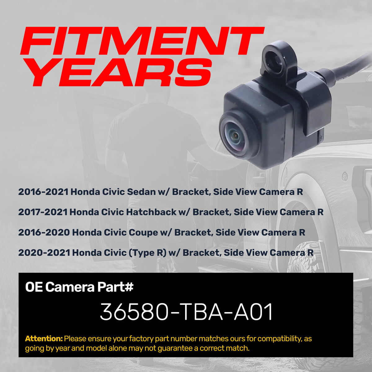 Honda Civic Sedan (2016-2021), Civic Hatchback (2017-2021), Civic Coupe (2016-2020), Civic Type R (2020-2021) OEM Replacement Right Side View Camera OE Part # 36580-TBA-A01
