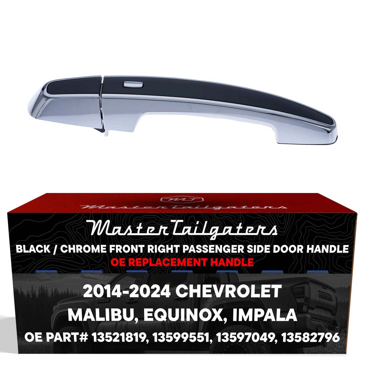 Exterior Door Handle Black/Chrome Replacement for Chevrolet Malibu (16-24), Equinox (14-24), Impala (14-24) OE Part # 13521819, 13599551, 13597049, 13582796 | Front Right Passenger Side w/o Keyhole