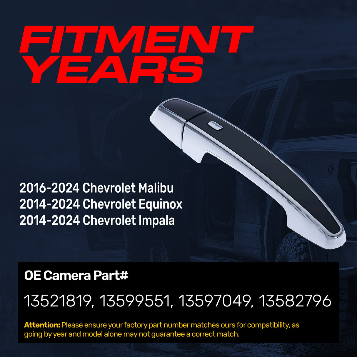 Exterior Door Handle Black/Chrome Replacement for Chevrolet Malibu (16-24), Equinox (14-24), Impala (14-24) OE Part # 13521819, 13599551, 13597049, 13582796 | Front Right Passenger Side w/o Keyhole