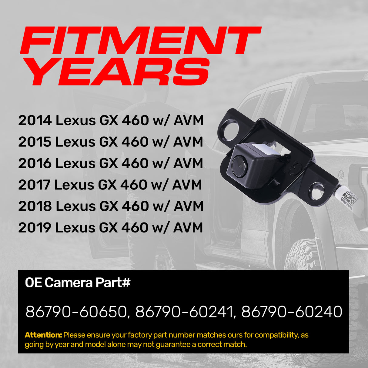 Lexus GX 460 w/ AVM (2014-2019) OEM Replacement Backup Camera OE Part # 86790-60650, 86790-60241, 86790-60240 - Master Tailgaters