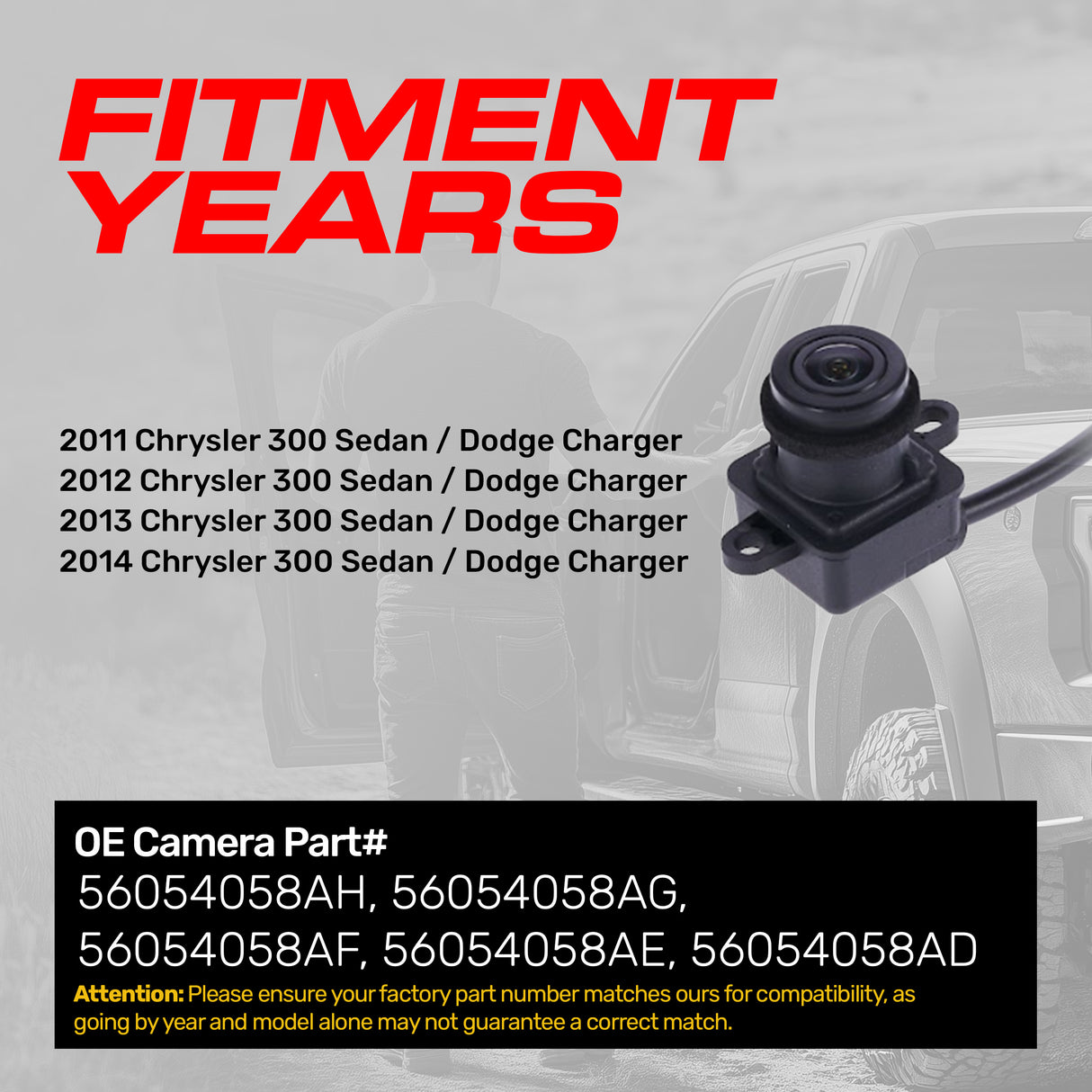 Chrysler 300 Sedan / Dodge Charger (2011-2014) OEM Replacement Backup Camera OE Part # 56054058AD, 56054058AE, 56054058AF, 56054058AG, 56054058AH