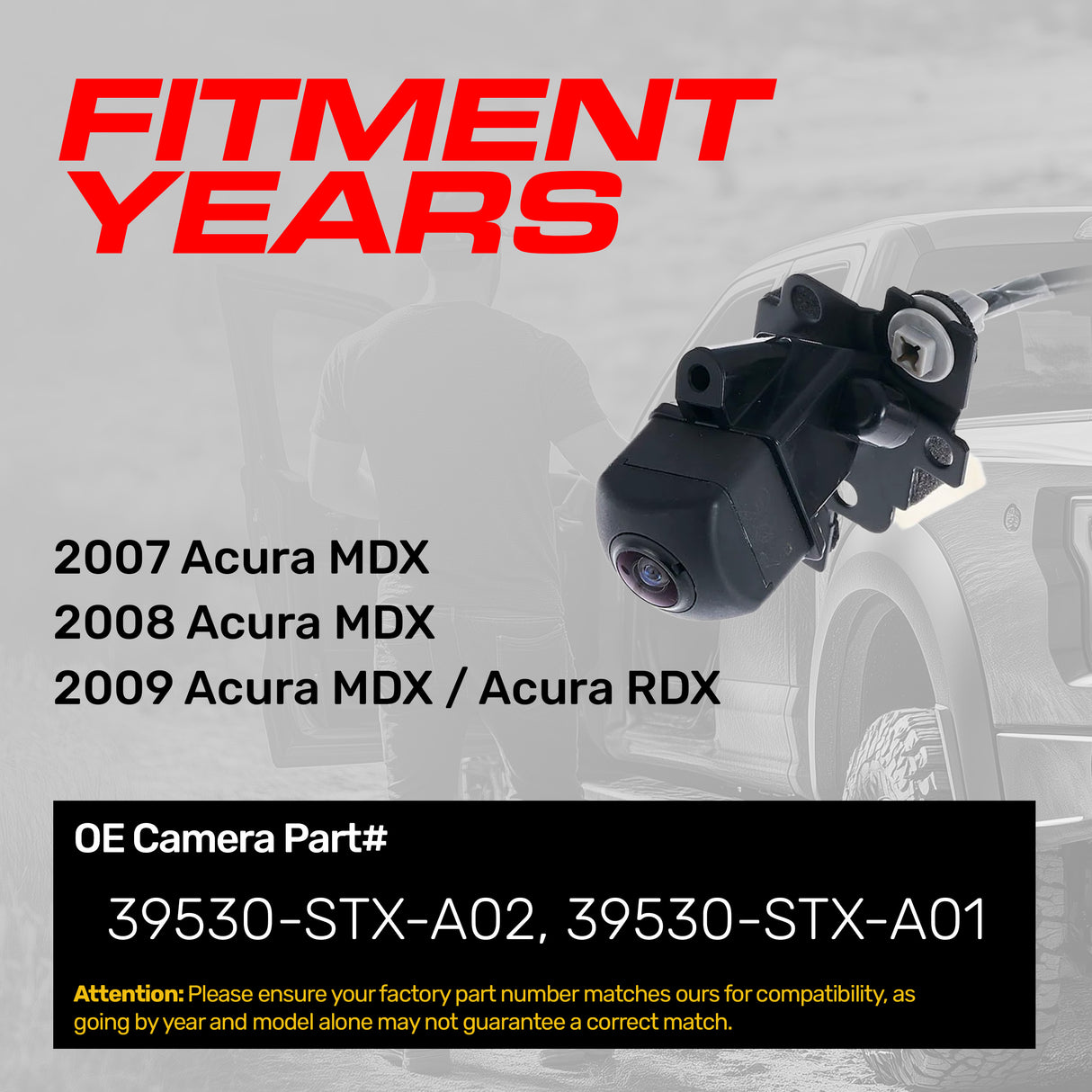 Acura RDX (2009), MDX (2007-2009) OEM Replacement Backup Camera OE Part # 39530-STX-A01, 39530-STX-A02