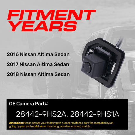 Nissan Altima Sedan (2016-2018) OEM Replacement Backup Camera OE Part # 28442-9HS1A, 28442-9HS2A