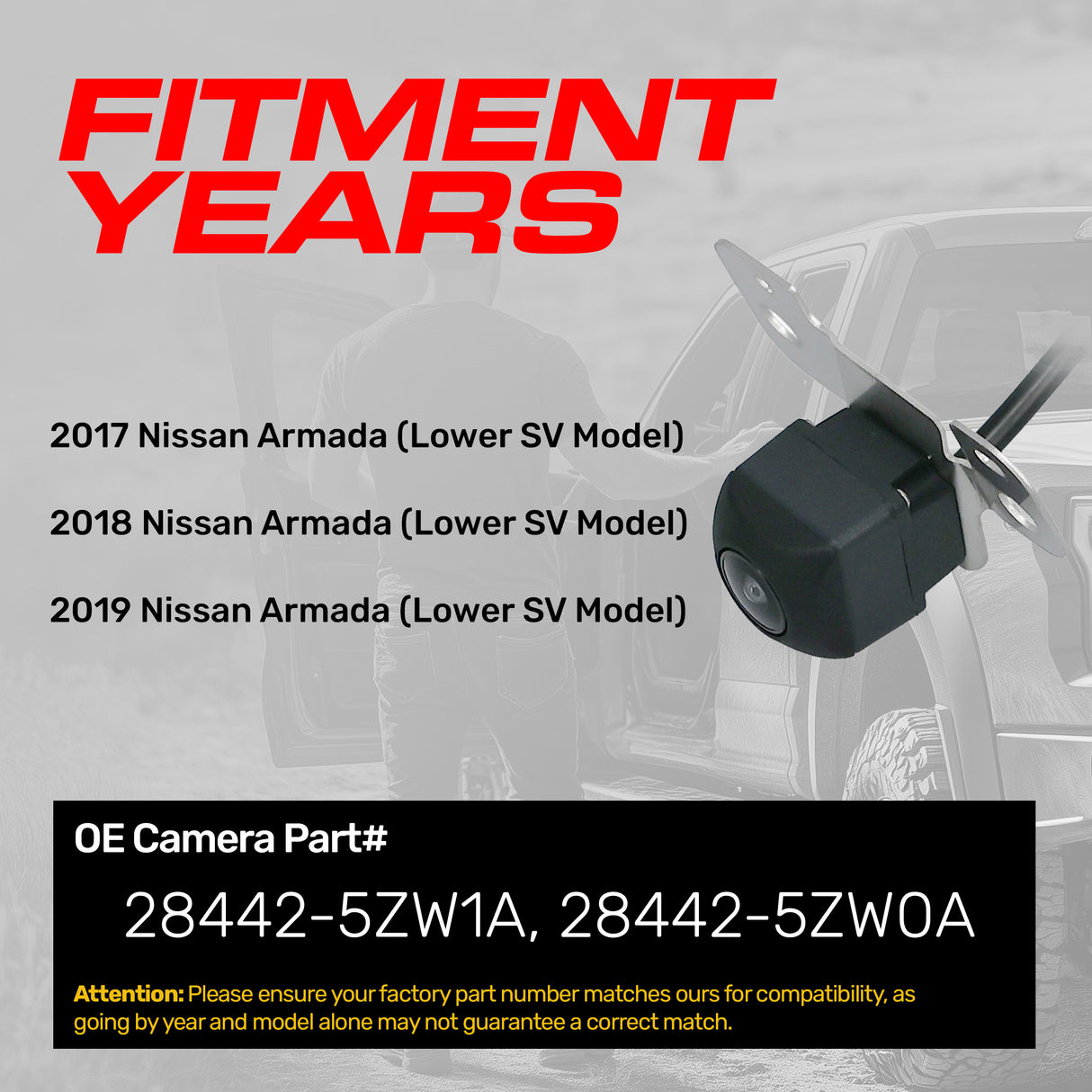 Nissan Armada Lower SV Model (2017-2019) OEM Replacement Backup Camera OE Part # 28442-5ZW0A, 28442-5ZW1A - Master Tailgaters