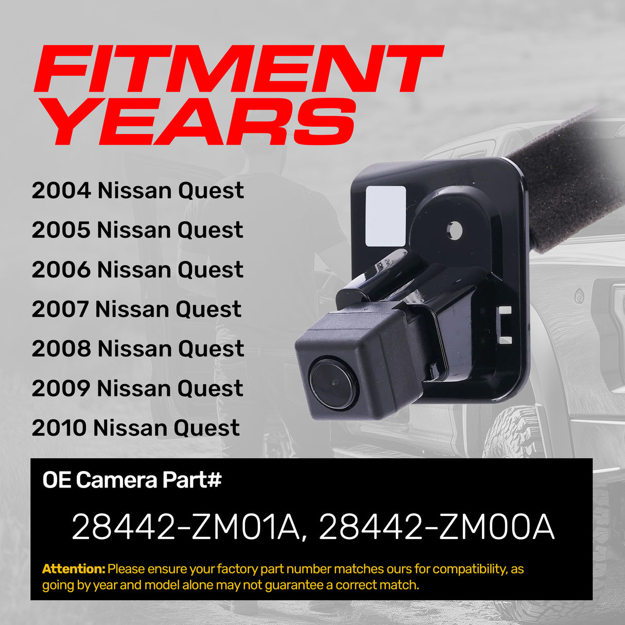 Nissan Quest (2004-2010) OEM Replacement Backup Camera OE Part # 28442-ZM00A, 28442-ZM01A - Master Tailgaters