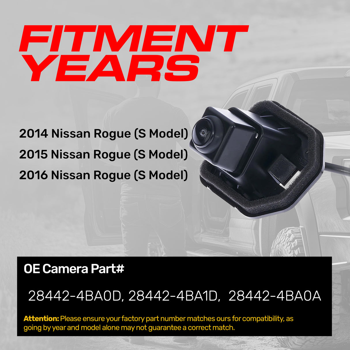 Nissan Rogue S Model (2014-2016) OEM Replacement Backup Camera OE Part # 28442-4BA0D, 28442-4BA1D,  28442-4BA0A - Master Tailgaters