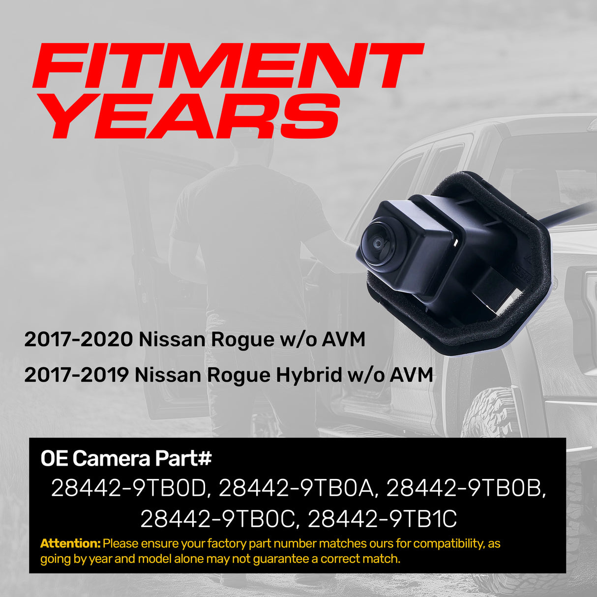 Nissan Rogue w/o AVM (2017-2020), Rogue Hybrid w/o AVM (2017-2019) OEM Replacement Backup Camera OE Part # 28442-9TB0D, 28442-9TB0A, 28442-9TB0B, 28442-9TB0C, 28442-9TB1C - Master Tailgaters