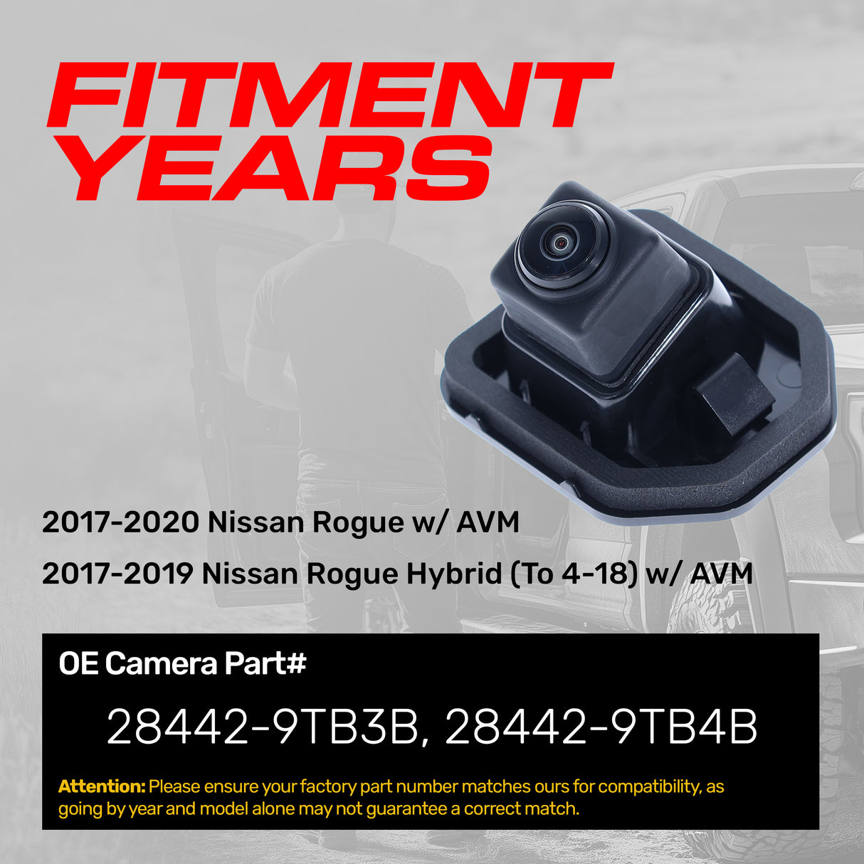 Nissan Rogue w/ AVM (2017-2020), Rogue Hybrid w/ AVM (2017-2019) OEM Replacement Backup Camera OE Part # 28442-9TB3B, 28442-9TB4B - Master Tailgaters