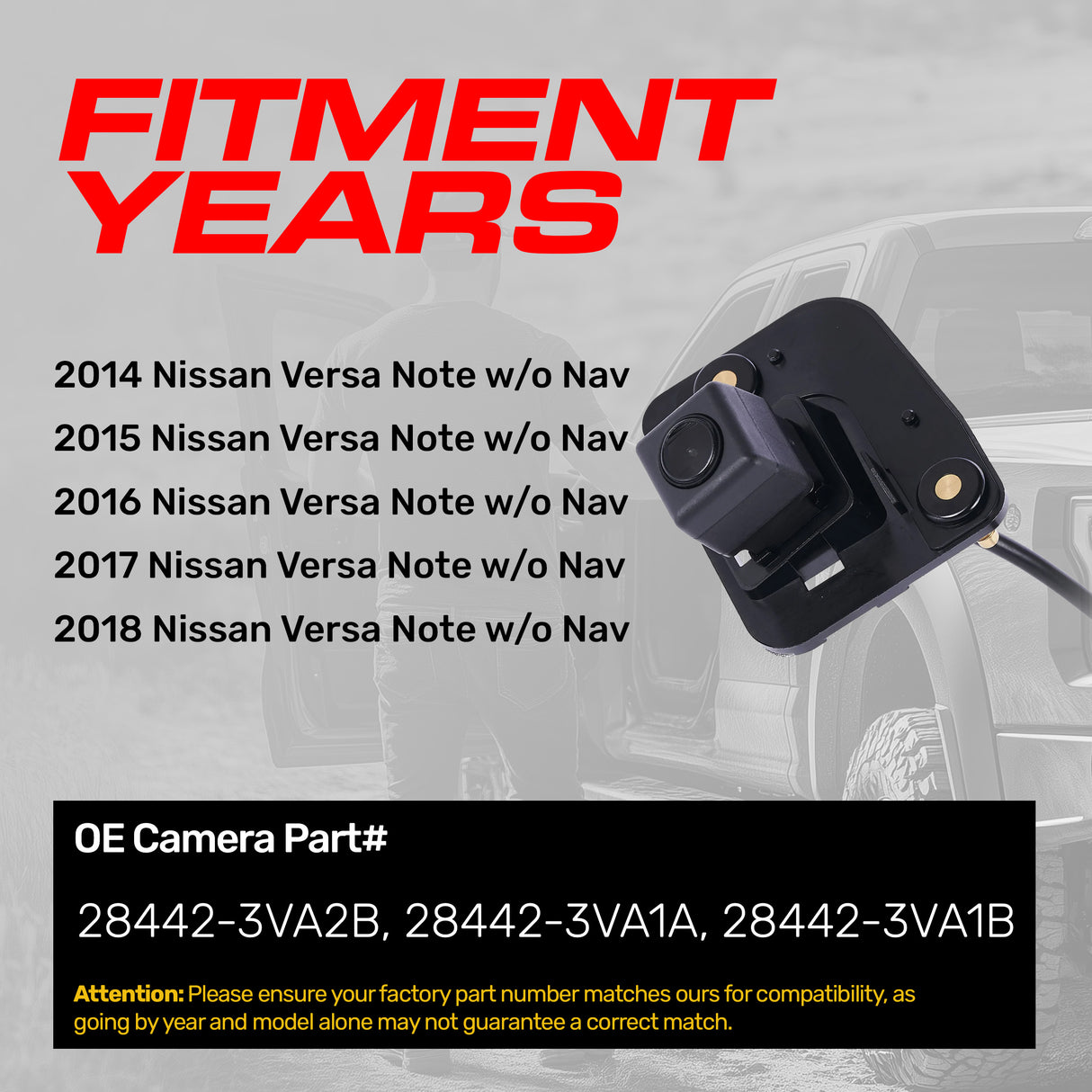 Nissan Versa Note w/o Nav (2014-2018) OEM Replacement Backup Camera OE Part # 28442-3VA2B, 28442-3VA1A, 28442-3VA1B - Master Tailgaters