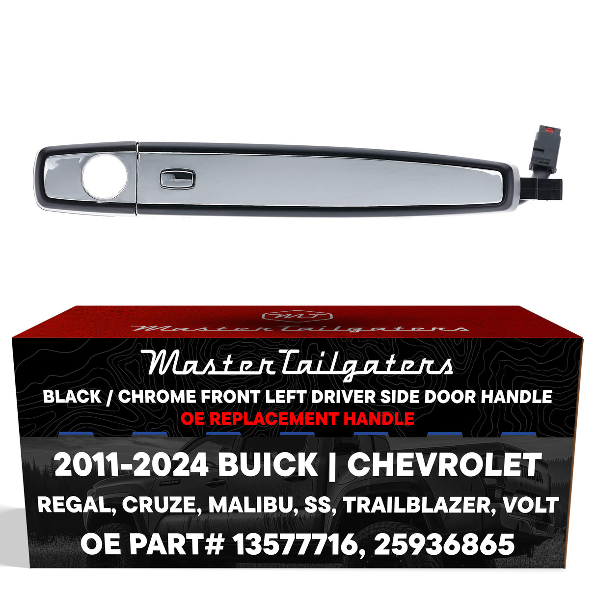 Exterior Door Handle Black/Chrome Replacement for Buick Regal (12-15) / Chevrolet Cruze (11-15), Malibu (13-16), SS (14-16), Trailblazer (13-24), Volt (11-15) OE Part # 13577716, 25936865 | Front LH