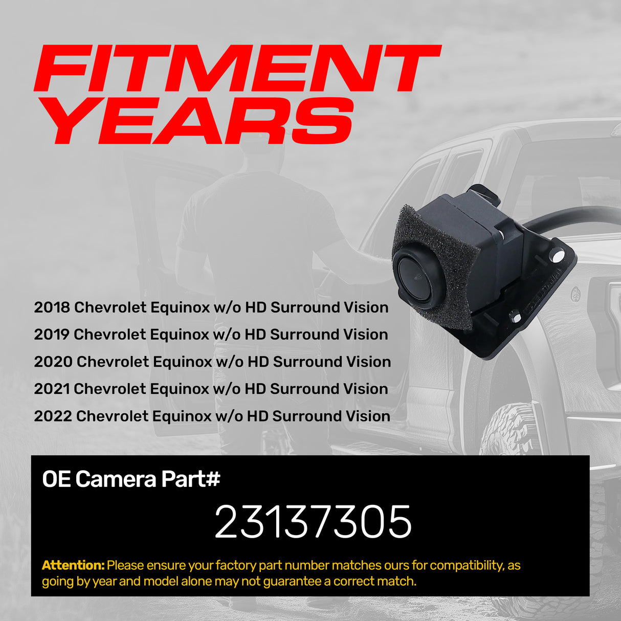 Chevrolet Equinox w/o HD Surround Vision (2018-2022) OEM Replacement Backup Camera OE Part # 23137305 - Master Tailgaters