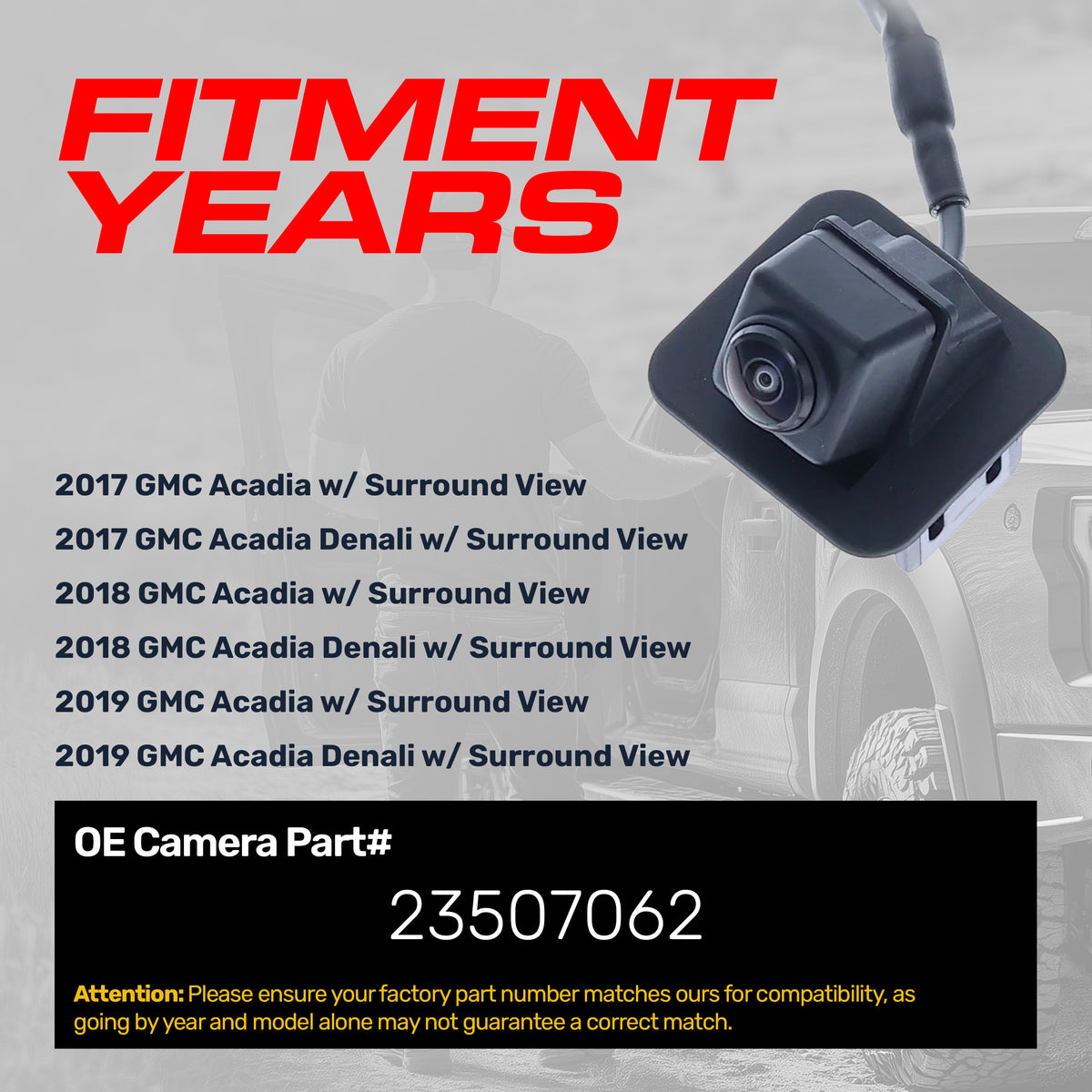 GMC Acadia/Denali (2017-2019) w/ Surround View OEM Replacement Backup Camera OE Part # 23507062