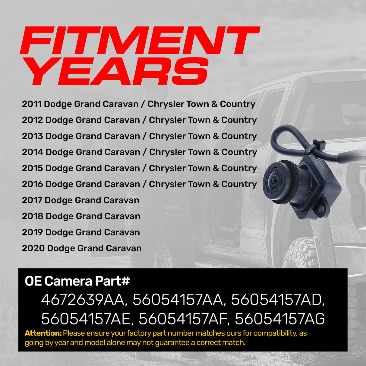 Dodge Grand Caravan (2011-2020) / Chrysler Town & Country (2011-2016) OEM Replacement Backup Camera OE Part # 4672639AA, 56054157AA, 56054157AD, 56054157AE, 56054157AF, 56054157AG - Master Tailgaters