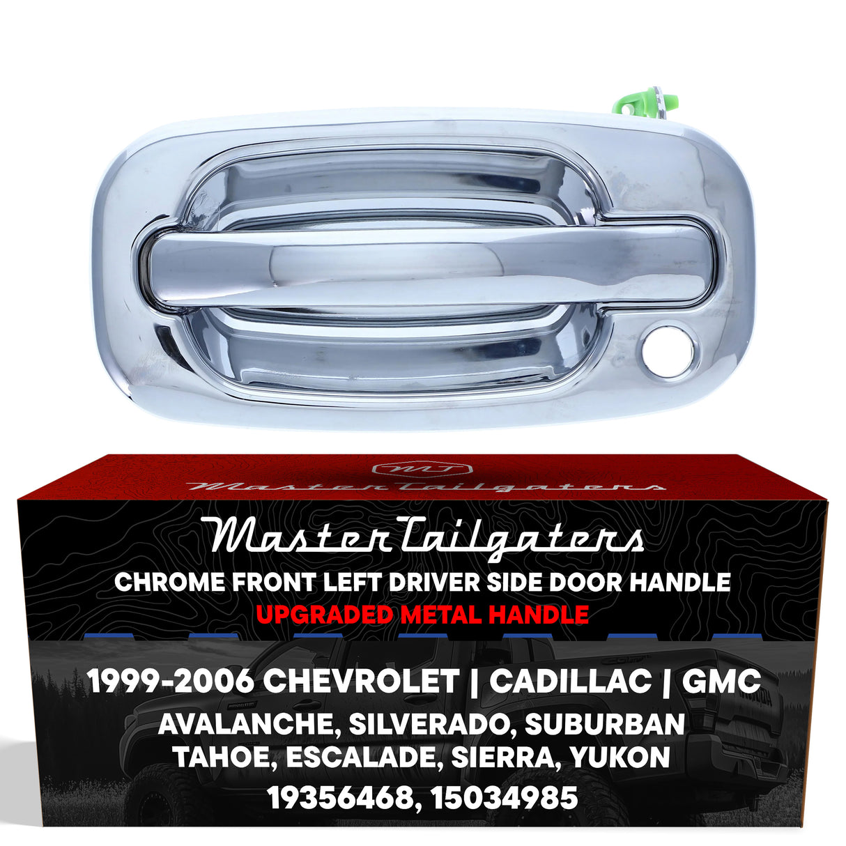 Exterior Door Handle Upgraded Chrome Metal Replacement for Chevrolet Avalanche 02-06, Silverado 99-06 / Cadillac Escalade 02-03 / GMC Sierra 99-06 OE Part # 19356468, 15034985 | Front LH w/ Keyhole
