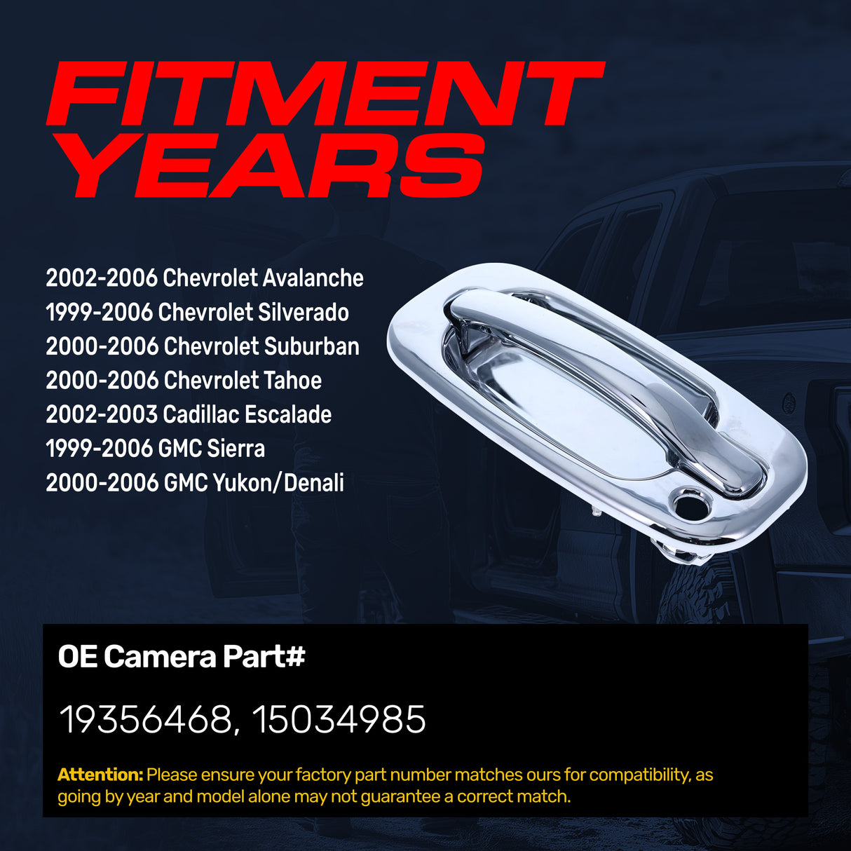 Exterior Door Handle Upgraded Chrome Metal Replacement for Chevrolet Avalanche 02-06, Silverado 99-06 / Cadillac Escalade 02-03 / GMC Sierra 99-06 OE Part # 19356468, 15034985 | Front LH w/ Keyhole