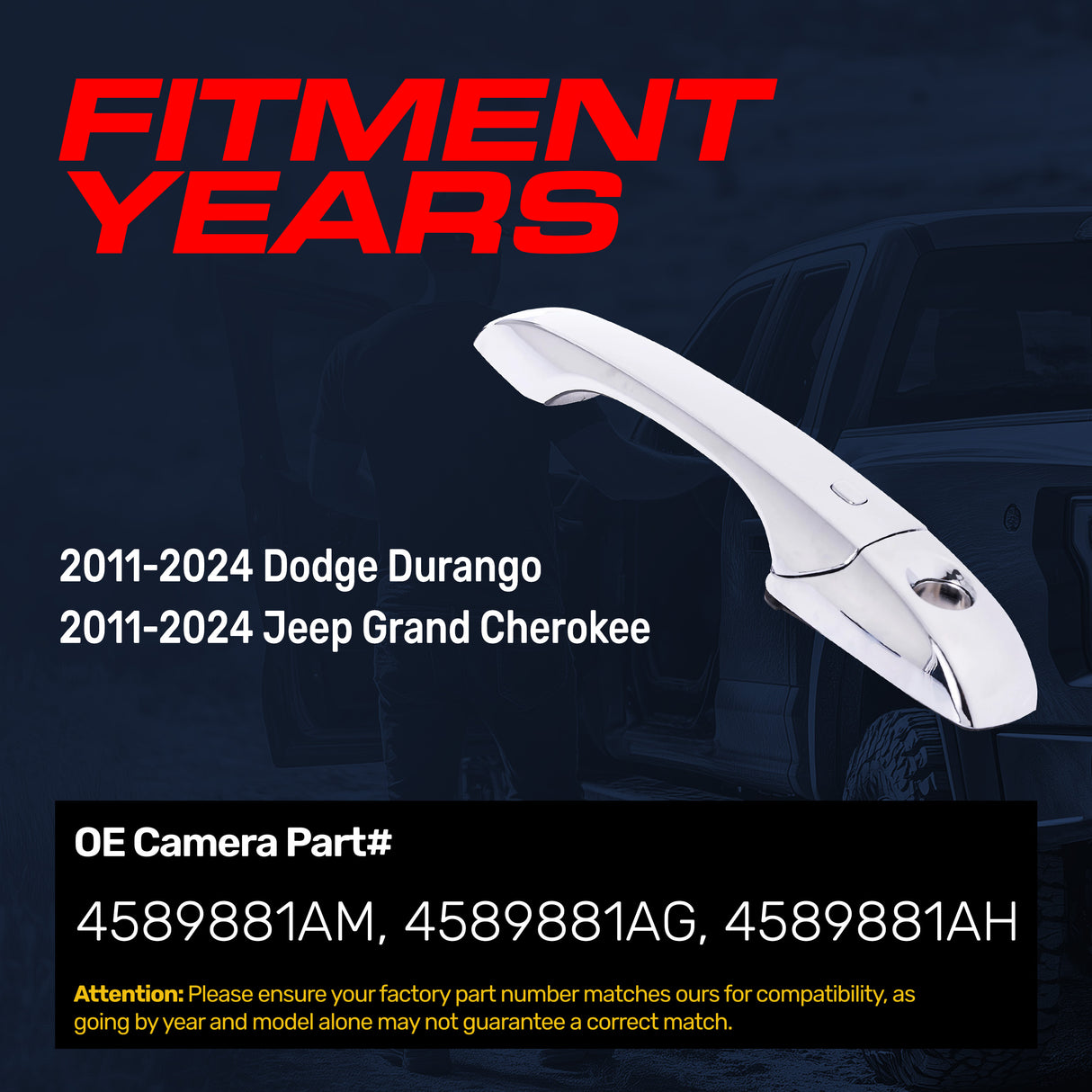 Exterior Door Handle Chrome Replacement for Dodge Durango (2011-2024) / Jeep Grand Cherokee (2011-2024) OE Part # 4589881AM, 4589881AG, 4589881AH | Front Left Driver Side