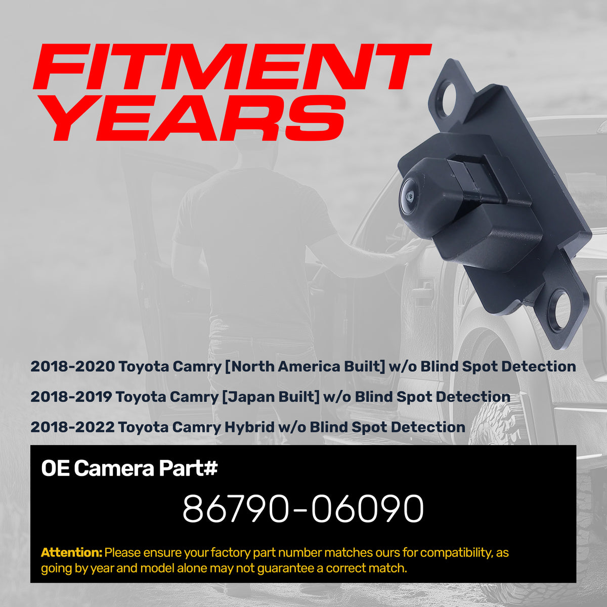 Toyota Camry [North America Built] (2018-2020), Camry [Japan Built] (2018-2019), Camry Hybrid (2018-2022) w/o Blind Spot Detection OEM Replacement Backup Camera OE Part # 86790-06090