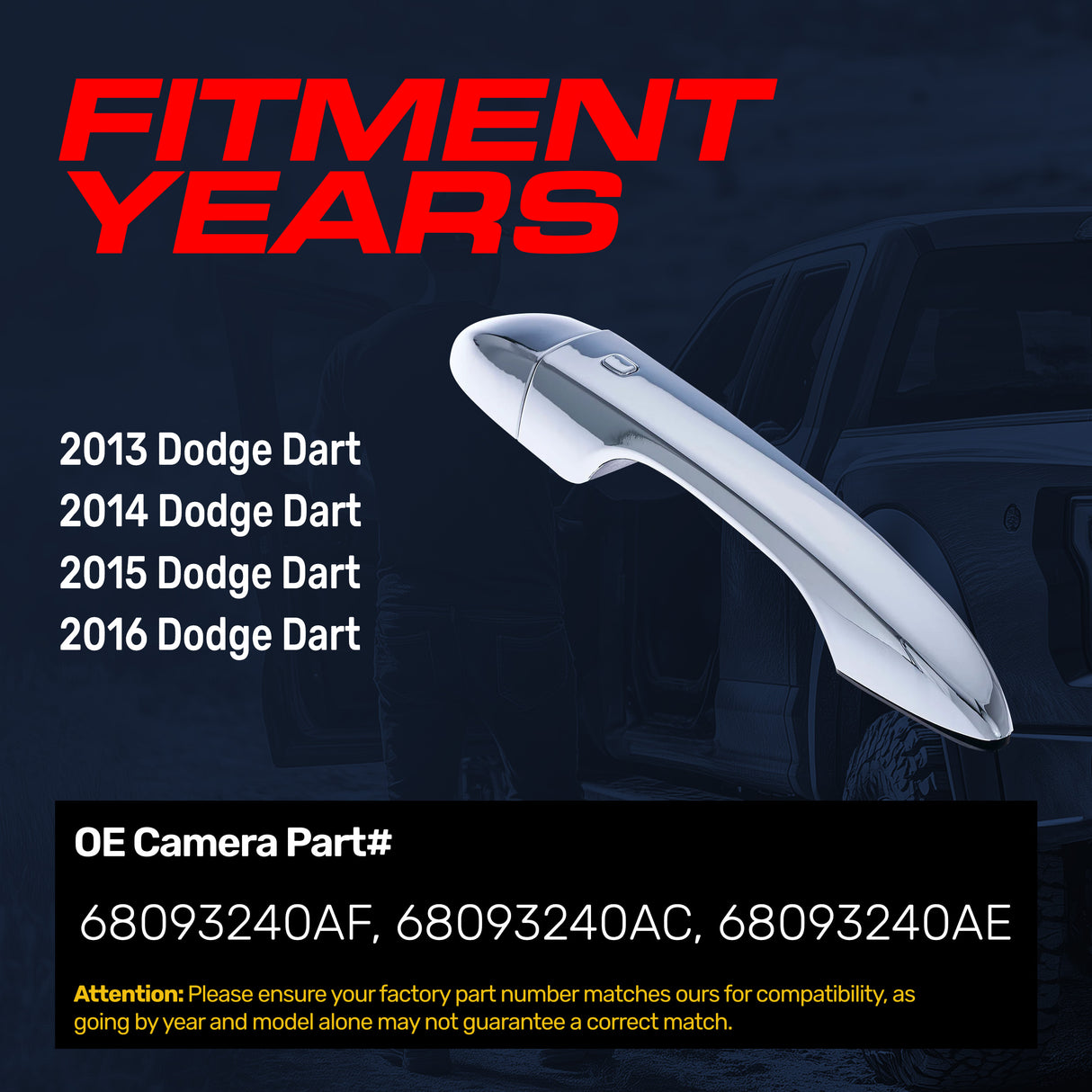 Exterior Door Handle Chrome Replacement for Dodge Dart (2013-2016) OE Part # 68093240AF, 68093240AC, 68093240AE | Front Right Passenger Side w/o Keyhole