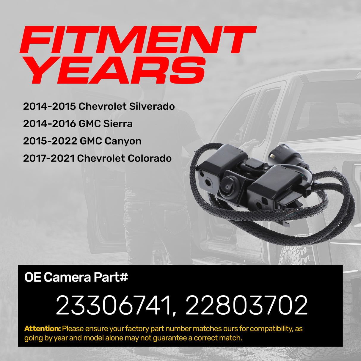 Chevrolet Silverado (2014-2015), Colorado (2017-2021) / GMC Sierra (2014-2016), Canyon (2015-2022) OEM Replacement Backup Camera OE Part # 23306741, 22803702 - Master Tailgaters