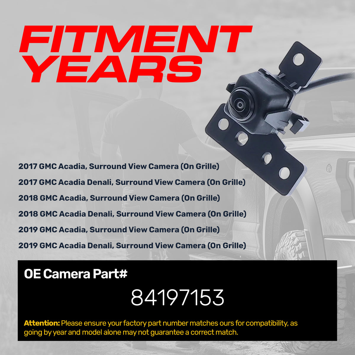 GMC Acadia/Denali (2017-2019) OEM Replacement Front View (On Grille) Camera OE Part # 84197153