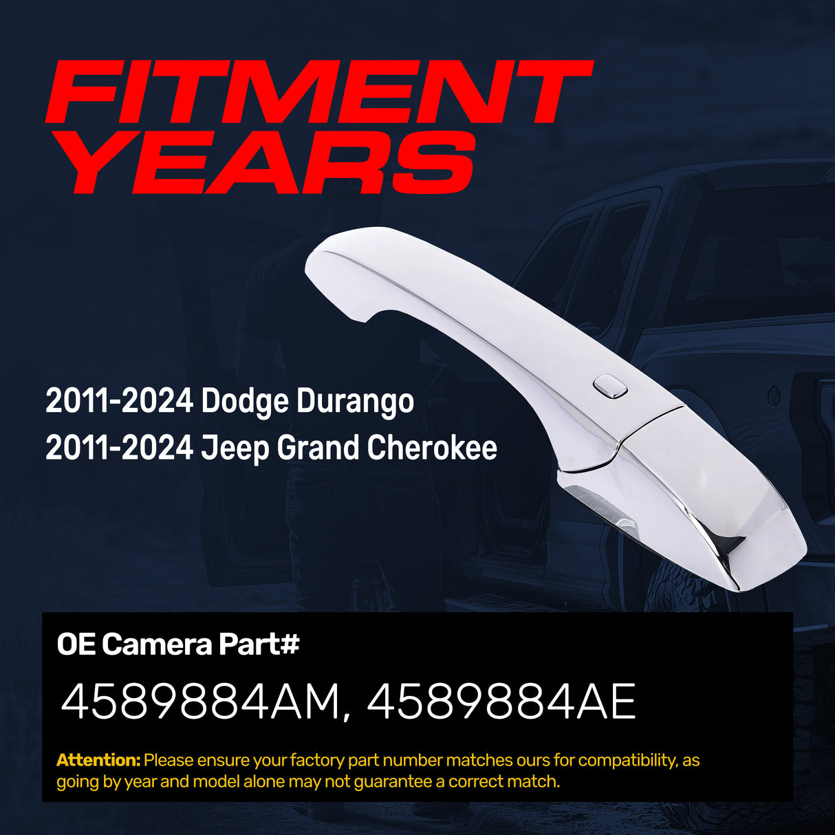 Exterior Door Handle Chrome Replacement for Dodge Durango (2011-2024) / Jeep Grand Cherokee (2011-2024) OE Part # 4589884AM, 4589884AE | Front Right Passenger Side w/o Keyhole