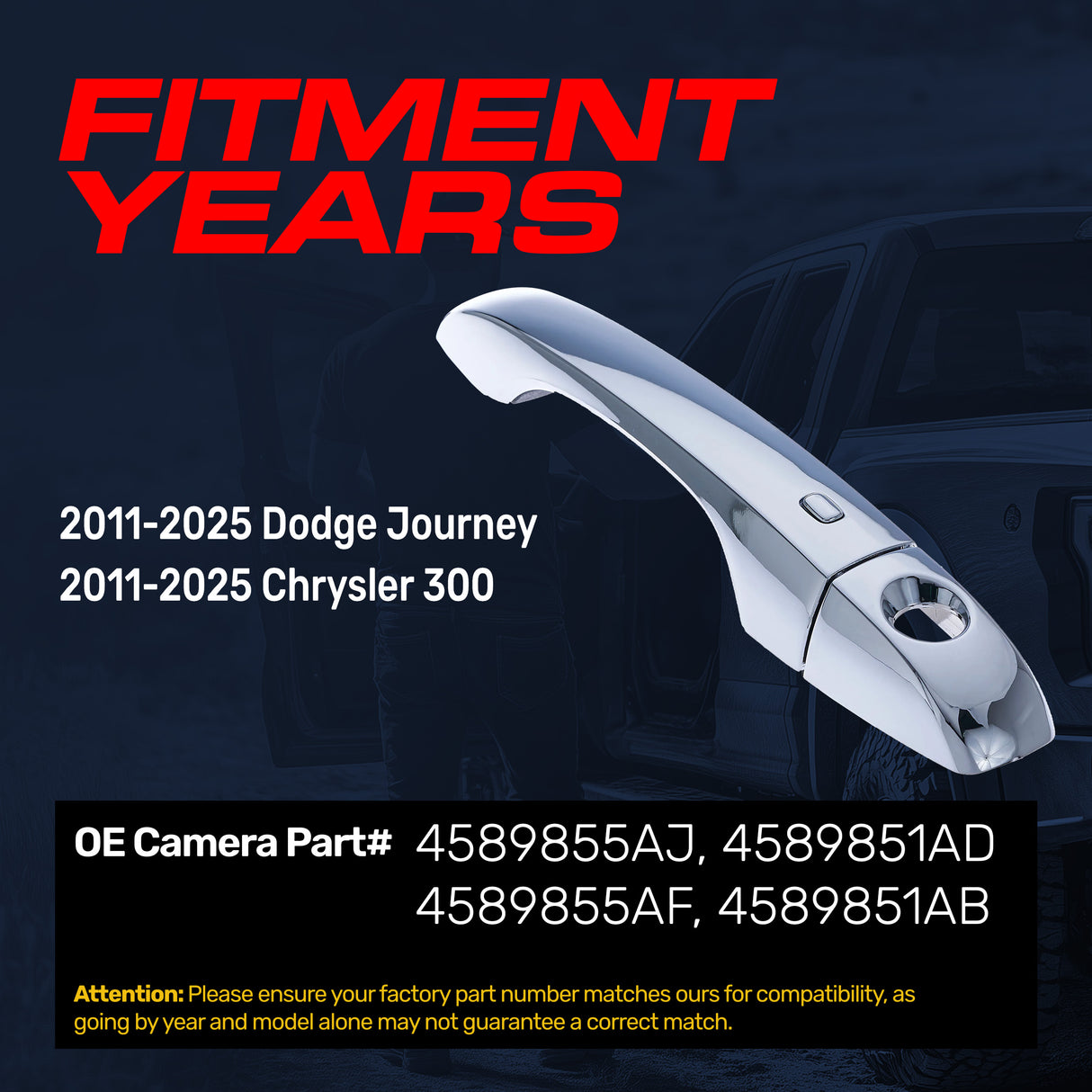 Exterior Door Handle Chrome Replacement for Dodge Journey (2011-2025) / Chrysler 300 (2011-2025) OE Part # 4589855AJ, 4589851AD, 4589855AF, 4589851AB | Front Left Driver Side