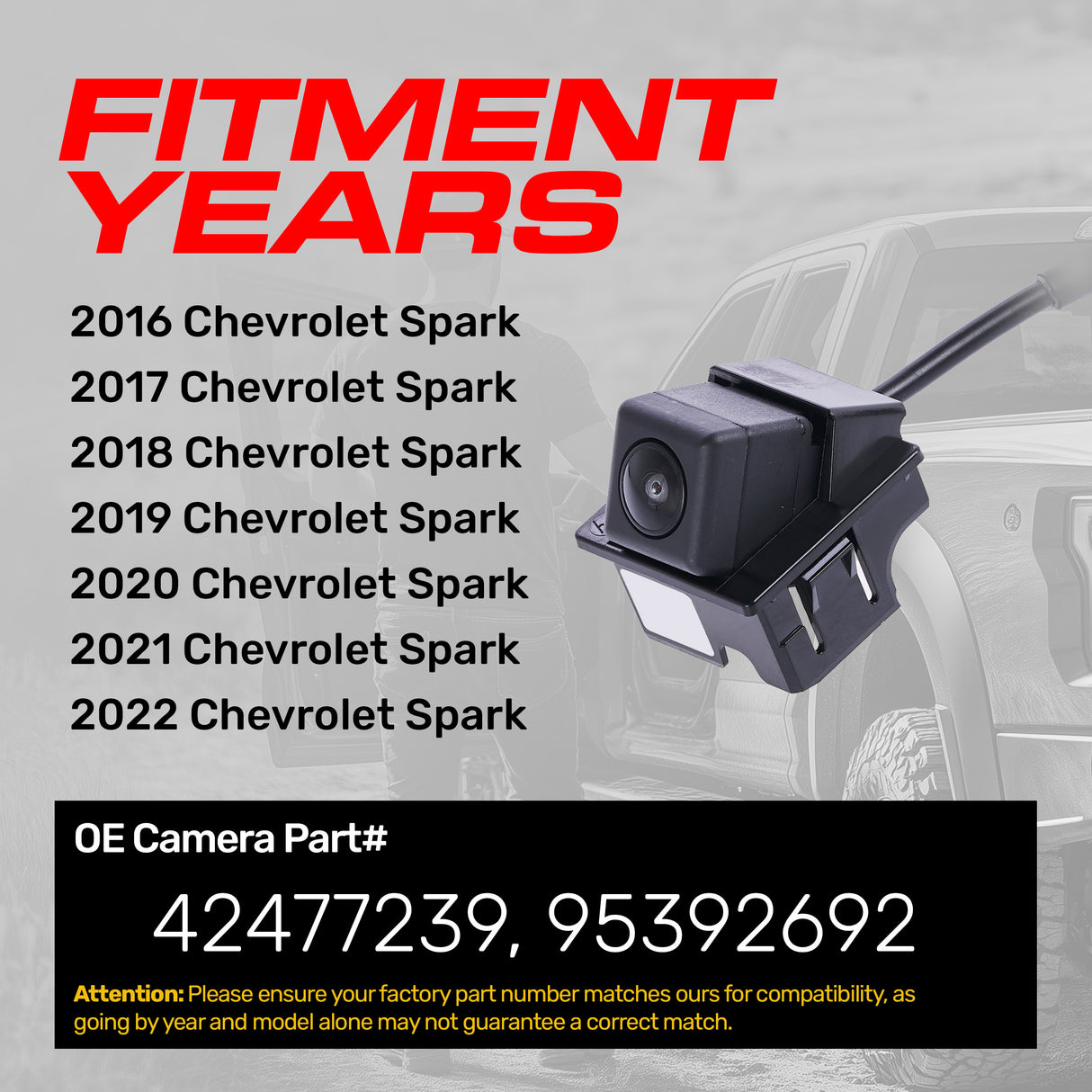 Chevrolet Spark (2016-2022) OEM Replacement Backup Camera OE Part # 42477239, 95392692