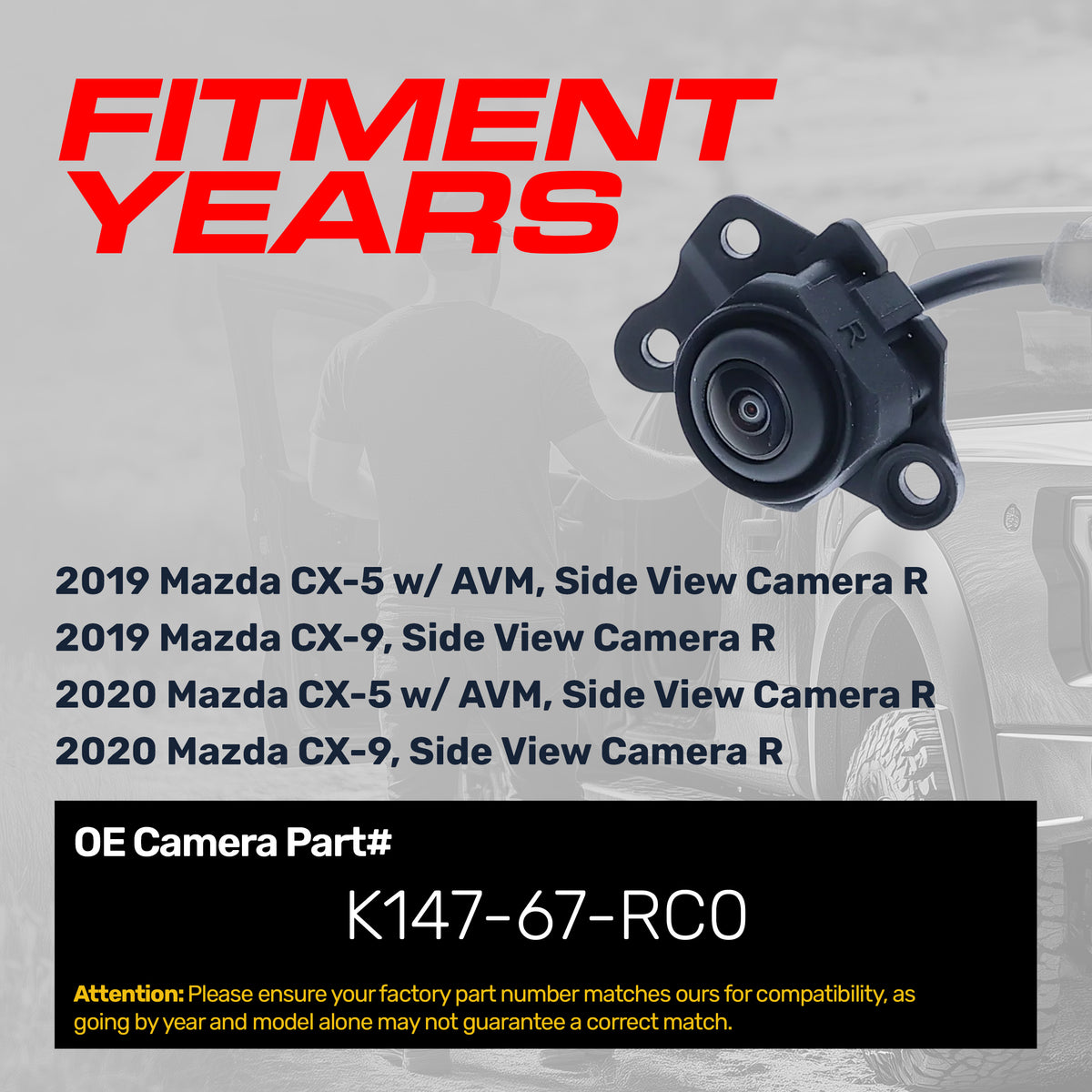 Mazda CX-5 w/ AVM (2019-2020), CX-9 (2019-2020) OEM Replacement Right Side View Camera OE Part # K147-67-RC0