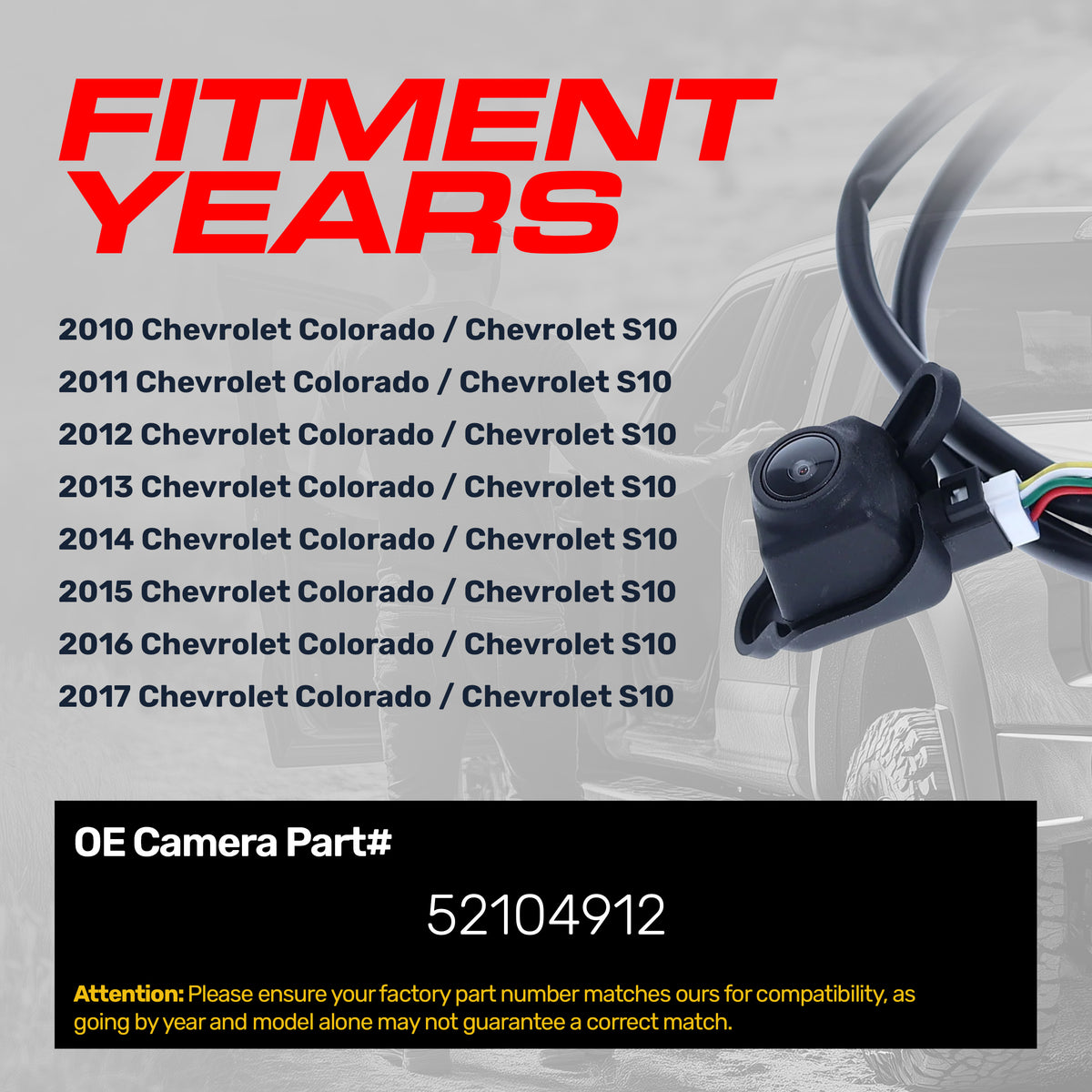 Chevrolet Colorado (2010-2017), S10 (2010-2017) OEM Replacement Backup Camera OE Part # 52104912