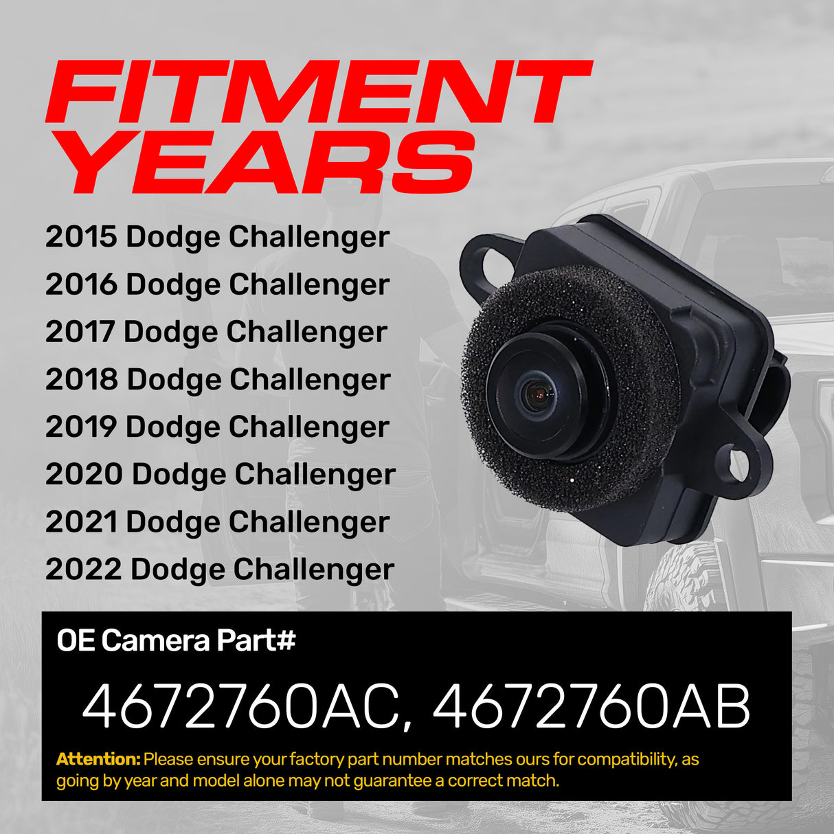 Dodge Challenger (2015-2022) OEM Replacement Backup Camera OE Part # 4672760AB, 4672760AC - Master Tailgaters