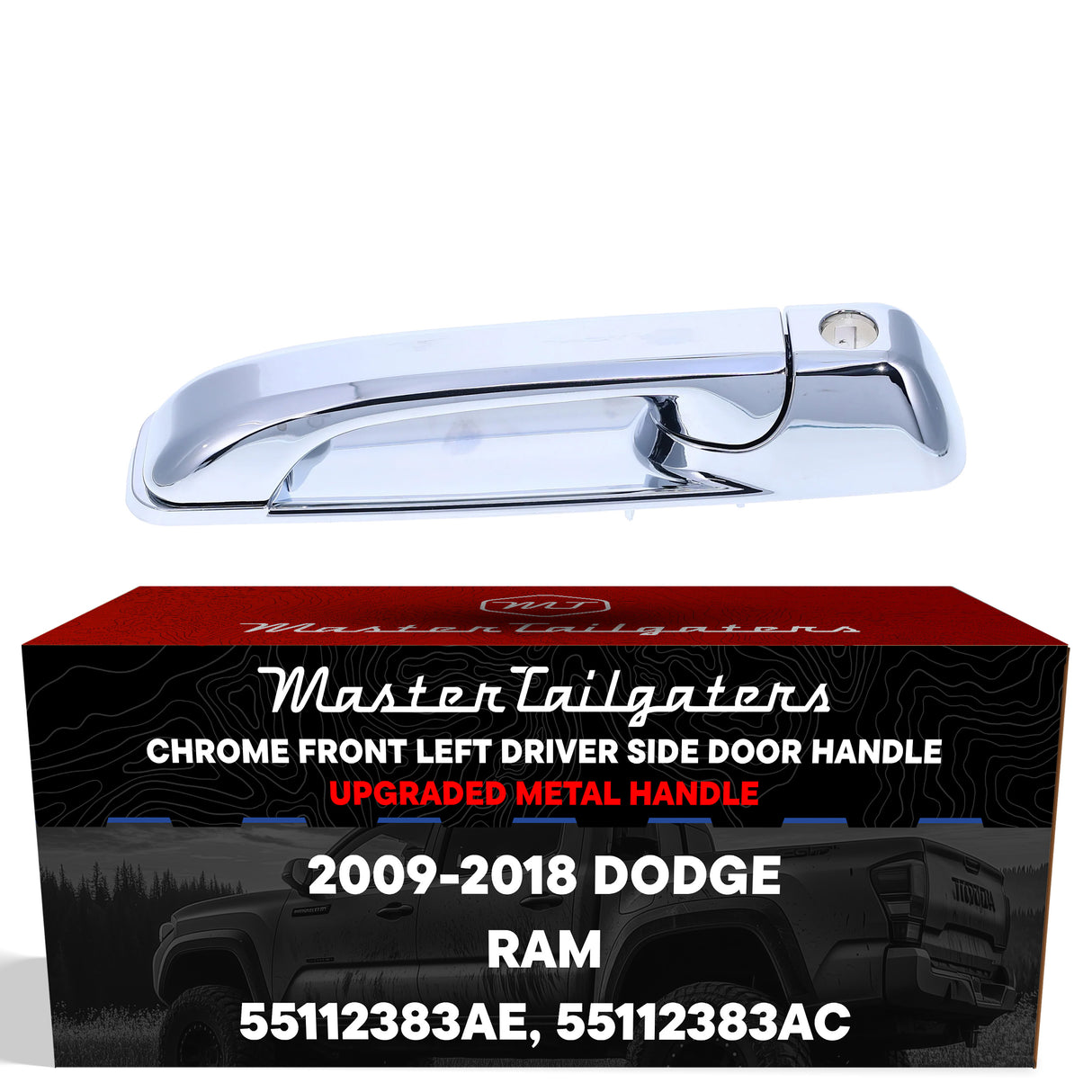 Master Tailgaters Exterior Door Handle Upgraded Chrome Metal Replacement for Dodge Ram (2009-2018) OE Part # 55112383AE, 55112383AC | Front LH w/Keyhole