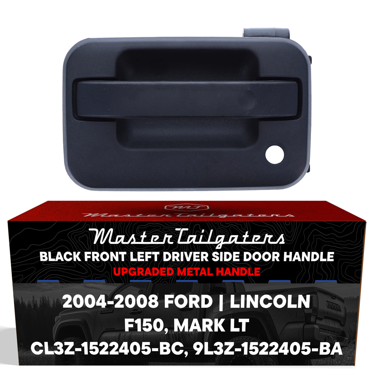 Exterior Door Handle Upgraded Black Metal Replacement for Ford F150 / Lincoln Mark LT (2004-2008) OE Part # CL3Z-1522405-BC, 9L3Z-1522405-BA | Front LH w/o Keypad Hole, w/ Keyhole