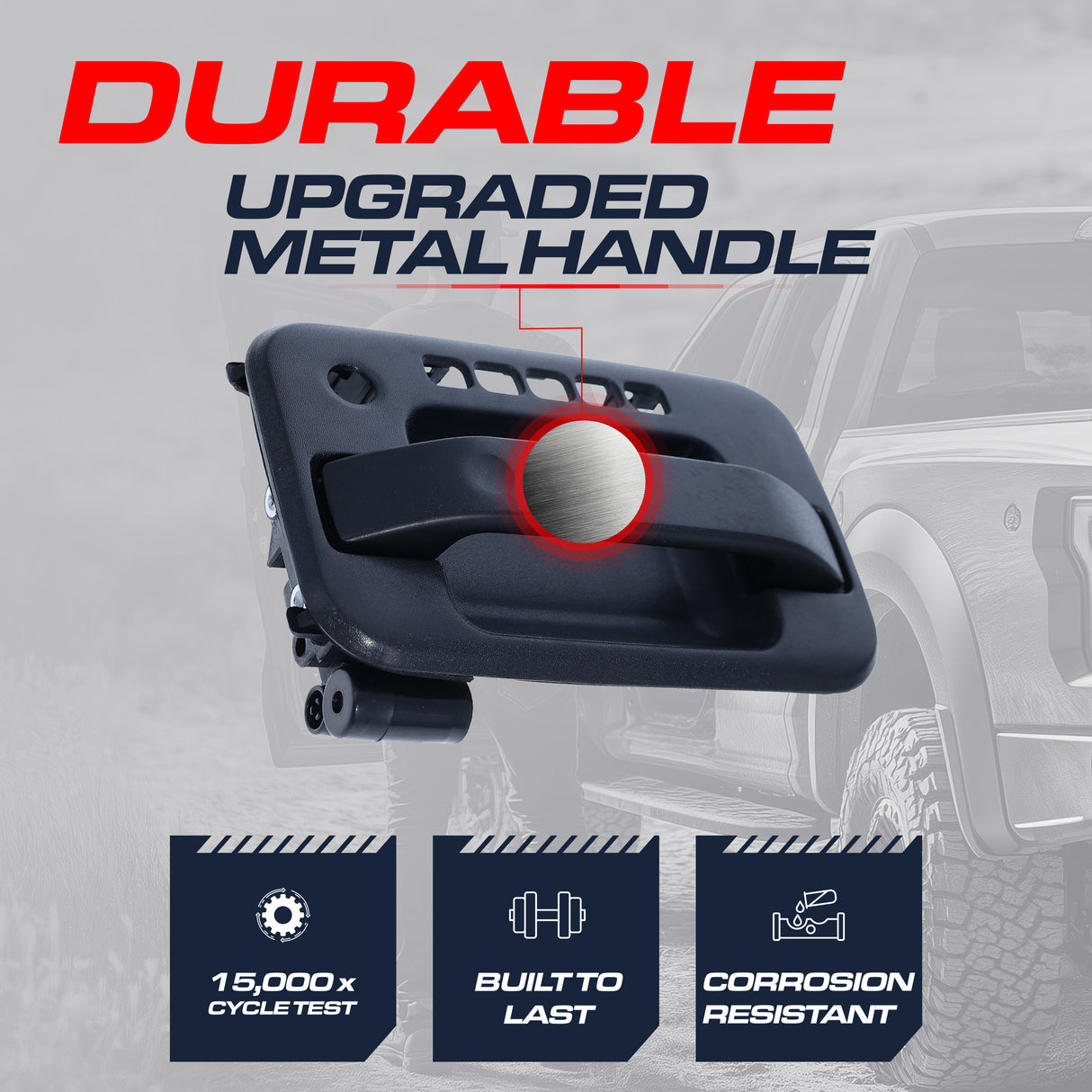 Exterior Door Handle Upgraded Black Metal Replacement for Ford F150 / Lincoln Mark LT (2004-2008) OE Part # 8L3Z-1522405-AB, 4L3Z-1522405-CAA, 6L3Z-1522405-AB | Front LH w/ Keypad Hole, w/ Keyhole