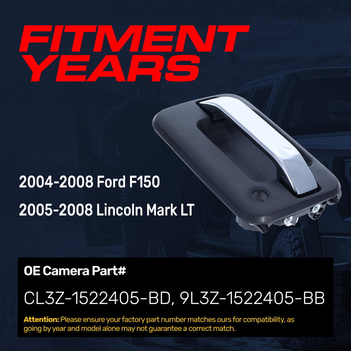 Exterior Door Handle Upgraded Black / Chrome Metal Replacement for Ford F150 (2004-2008) / Lincoln Mark LT (2005-2008) OE Part# CL3Z-1522405-BD, 9L3Z-1522405-BB | Front LH w/o Keypad Hole, w/ Keyhole