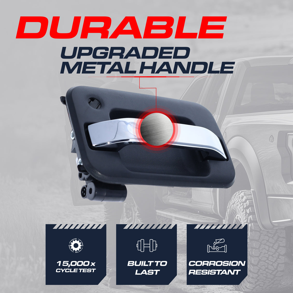 Exterior Door Handle Upgraded Black / Chrome Metal Replacement for Ford F150 (2004-2008) / Lincoln Mark LT (2005-2008) OE Part# CL3Z-1522405-BD, 9L3Z-1522405-BB | Front LH w/o Keypad Hole, w/ Keyhole