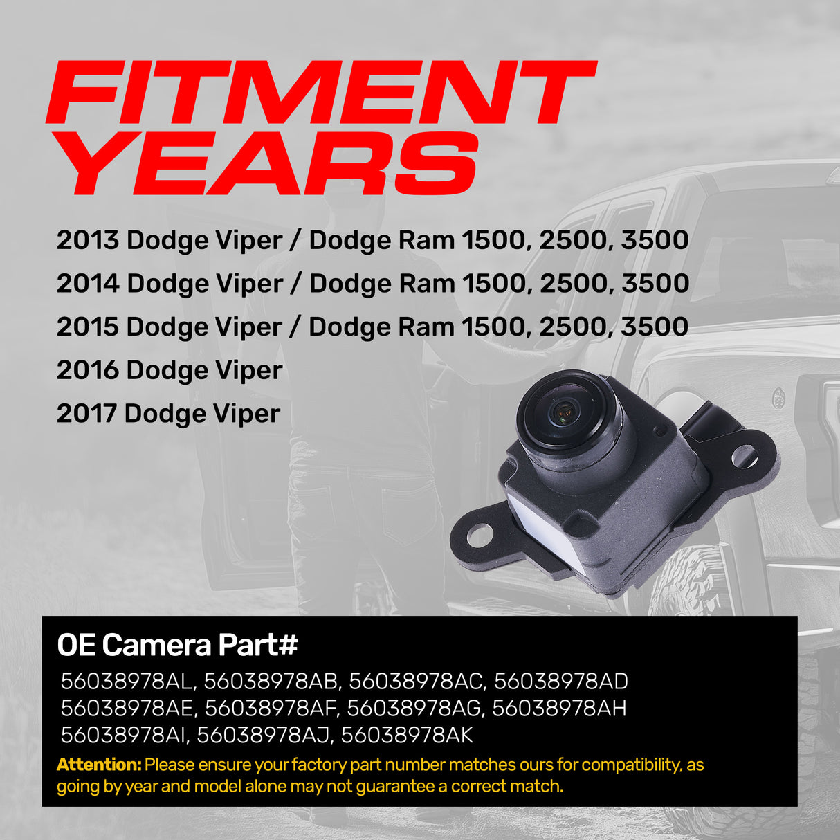 Dodge Ram (2013-2015), Viper (2013-2017) OEM Replacement Backup Camera OE Part # 56038978AB, 56038978AC, 56038978AD, 56038978AE, 56038978AF, 56038978AG, 56038978AH, 56038978AI, 56038978AJ, 56038978AK, 56038978AL - Master Tailgaters