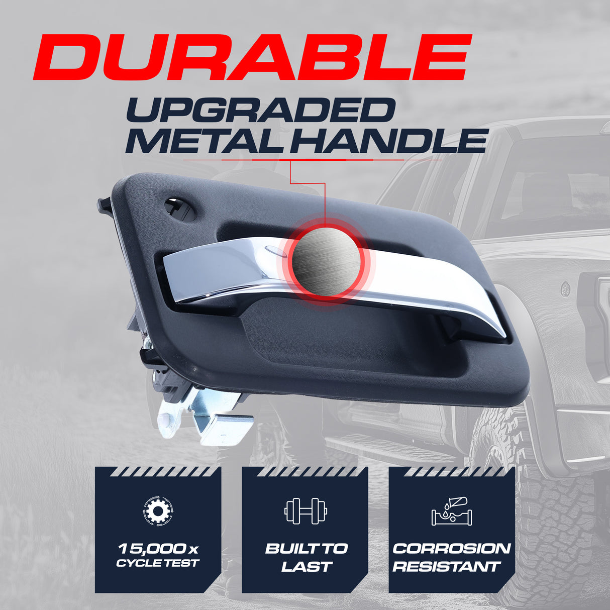 Exterior Door Handle Upgraded Black / Chrome Metal Replacement for Ford F150 (2009-2014) / Lincoln Mark LT (2010-2014) OE Part# CL3Z-1522405-BD, CL3Z-1522405-BA | Front LH w/o Keypad Hole, w/ Keyhole