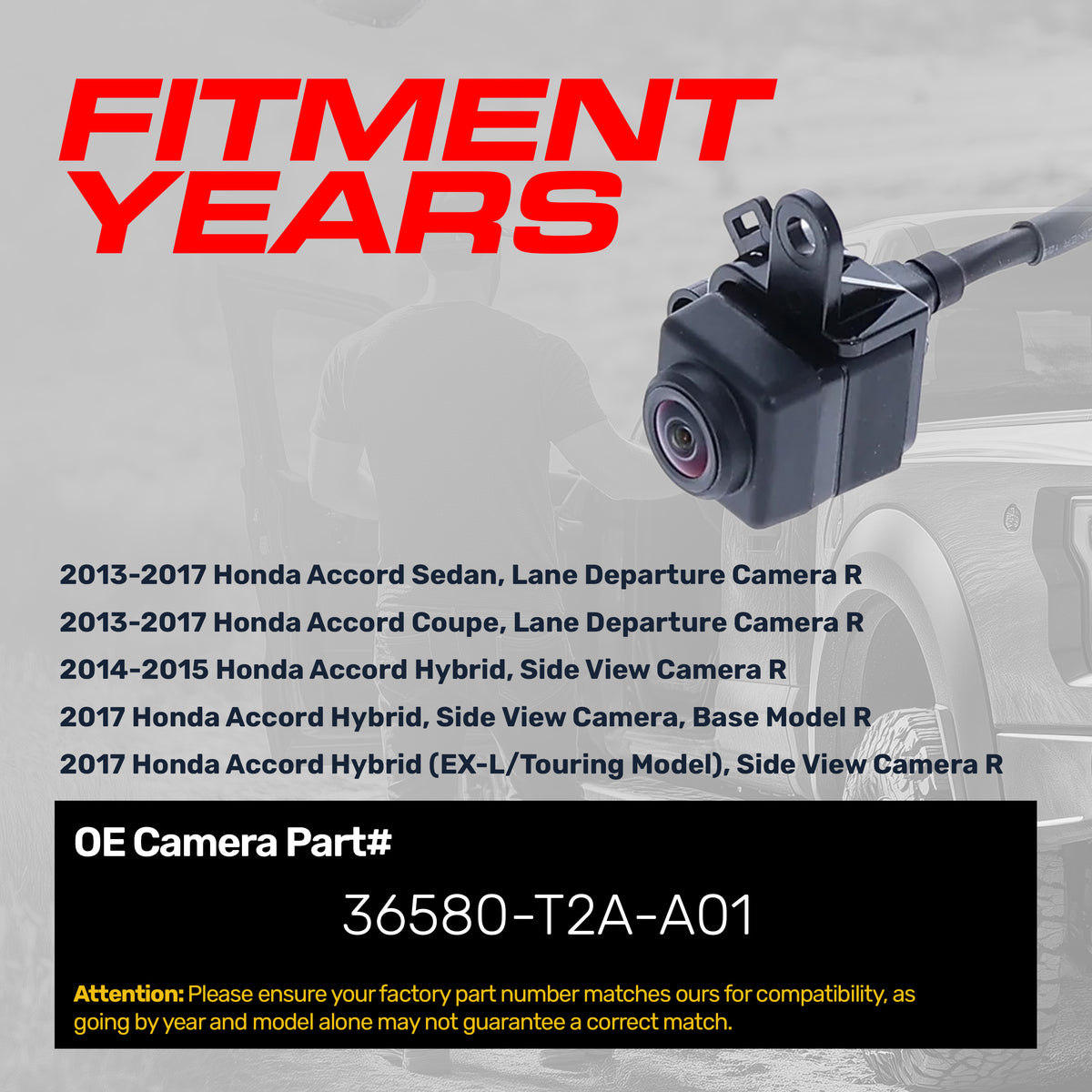 Honda Accord Sedan (2013-2017), Accord Coupe (2013-2017), Accord Hybrid (2014-2015, 2017) OEM Replacement Right Side View Camera OE Part # 36580-T2A-A01