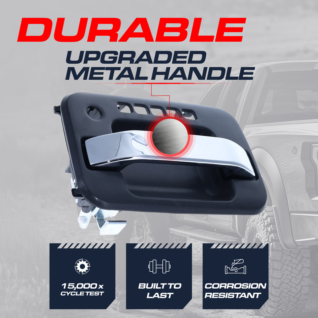 Exterior Door Handle Upgraded Black / Chrome Metal Replacement for Ford F150 (2009-2014) / Lincoln Mark LT (2010-2014) OE Part # CL3Z-1522405-AD, CL3Z-1522405-AA | Front LH w/ Keypad Hole, w/ Keyhole