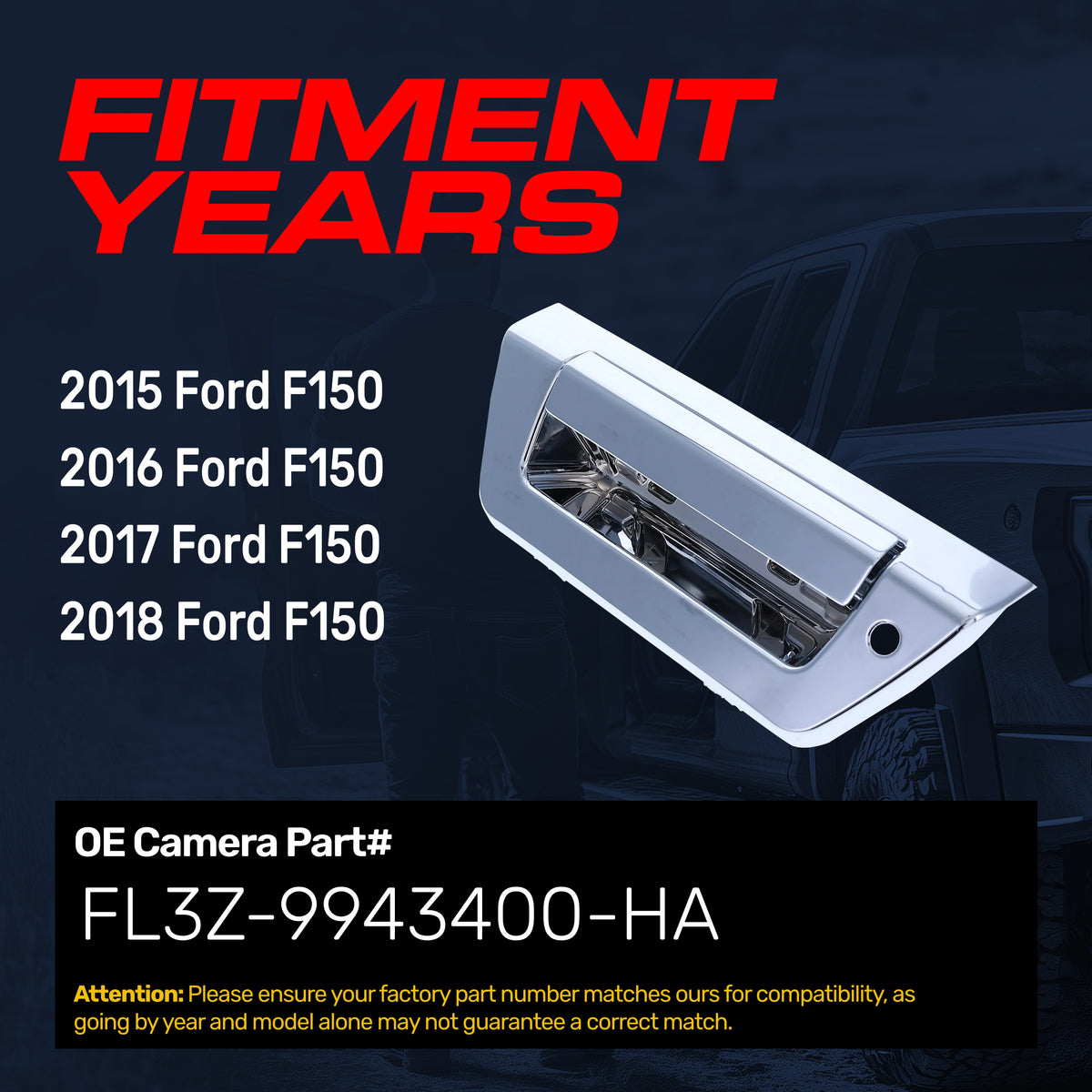 Tailgate Handle Upgraded Chrome Metal Replacement for Ford F150 (2015-2018) OE Part # FL3Z-9943400-HA