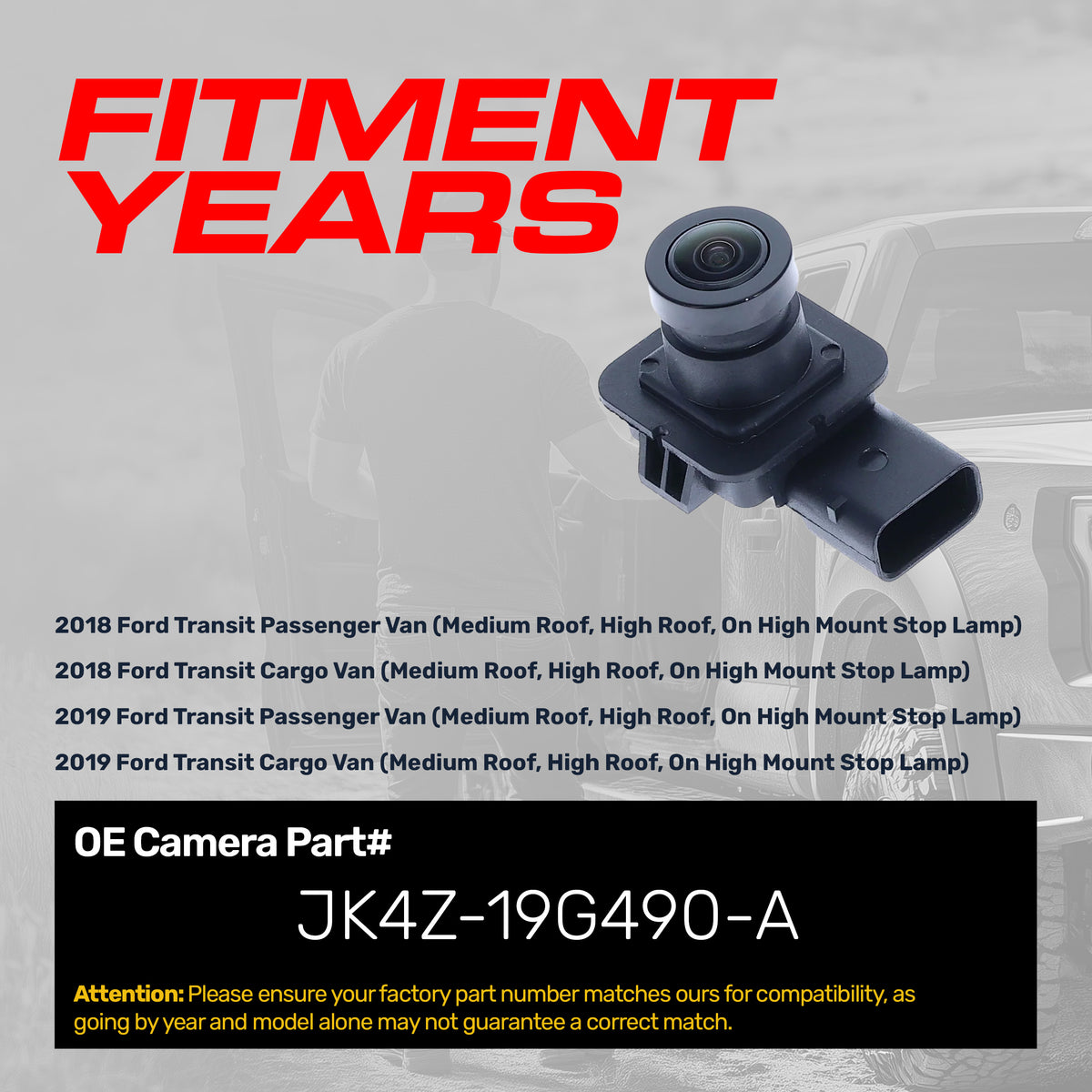 Ford Transit Passenger/Cargo Van (2018-2019) [Medium Roof, High Roof, On High Mount Stop Lamp] OEM Replacement Backup Camera OE Part # JK4Z-19G490-A