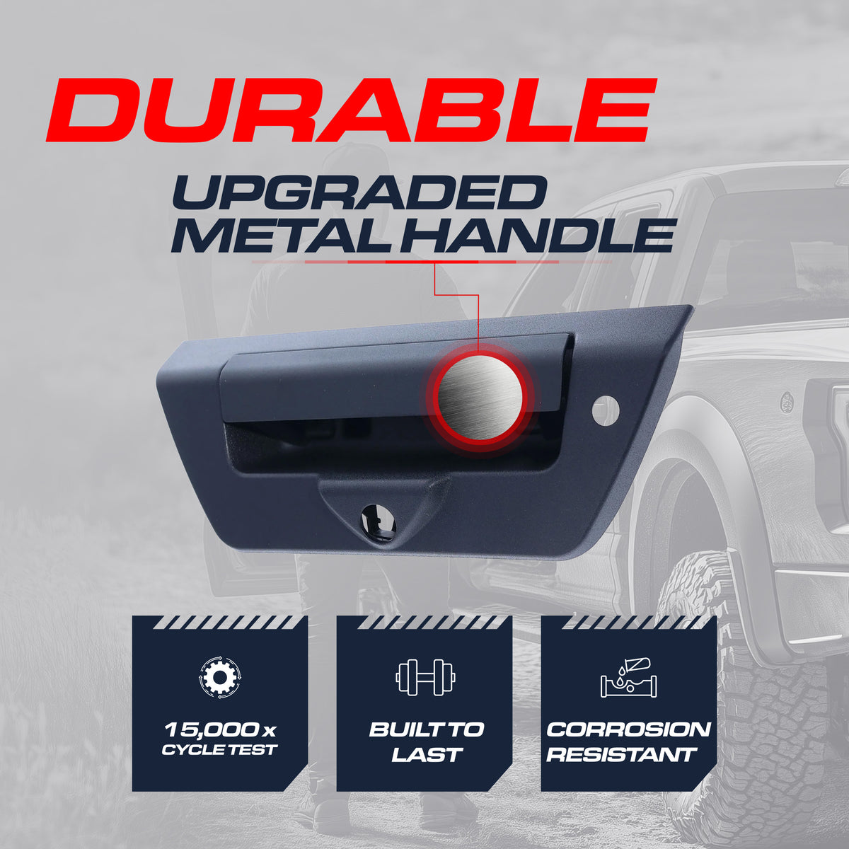 Tailgate Handle Upgraded Black Metal Replacement for Ford F150 (2018-2024) OE Part # JL3Z-9943400-EB | Tailgate Handle w/ Keyhole, w/ Camera Hole