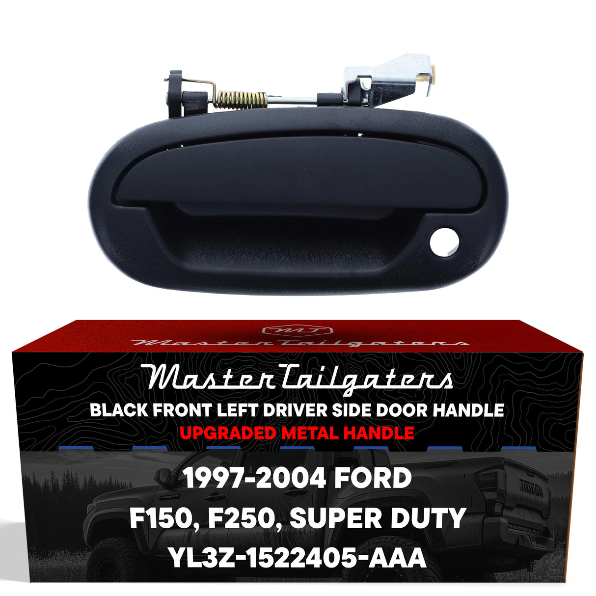 Exterior Door Handle Upgraded Black Metal Replacement for Ford F150, F250, Super Duty (Regular/Crew/Super Cab XL) 1997-2004 OE Part # YL3Z-1522405-AAA | Front LH w/ Keyhole